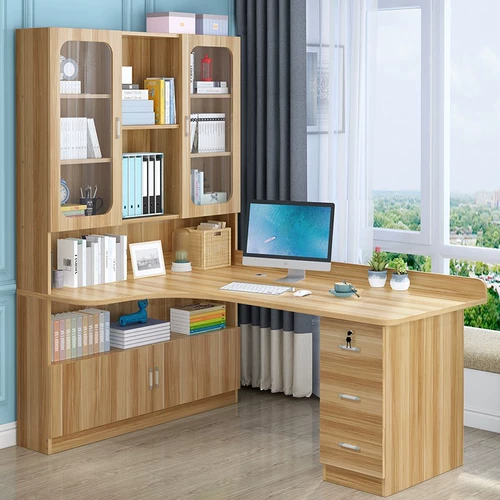 圣柏域 Угловой компьютерный стол из цельного дерева, настольный домашний стол с книжным шкафом, простой стол, книжная полка, встроенный стол