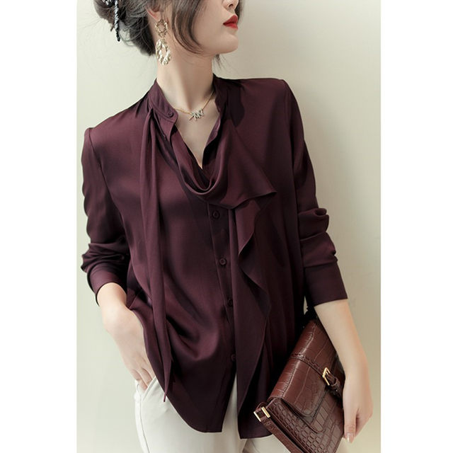 French heavy silk satin shirt women's spring and autumn design sense niche chic top elegant ribbon stand collar shirt
