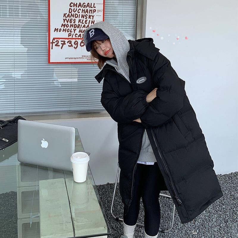Long down Coat for Women, Winter Korean Style Dongdaemun Academy Style Black Cotton-Padded Jacket, Mid-Length Over-The-Knee Thickened