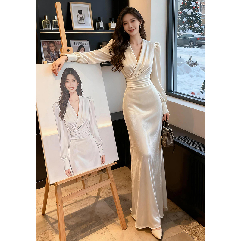 White Long-Sleeve Evening Dress for Women 2026 New Style High-End Light Luxury French Style Annual Party Elegant Waist-Cinching Velvet Dress White Long-Sleeve Evening Dress for Women 2026 New Style High-End Light Luxury French Style Annual Party Elegant Waist-Cinching Velvet Dress