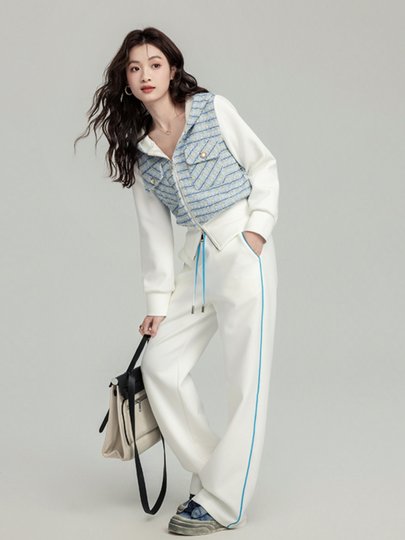 Casual Sports Suit for Women, Spring and Autumn, Fashionable, High-End, Stylish, Age-Reducing, Chanel-Style Sweatshirt and Wide-Leg Pants Two-Piece Set