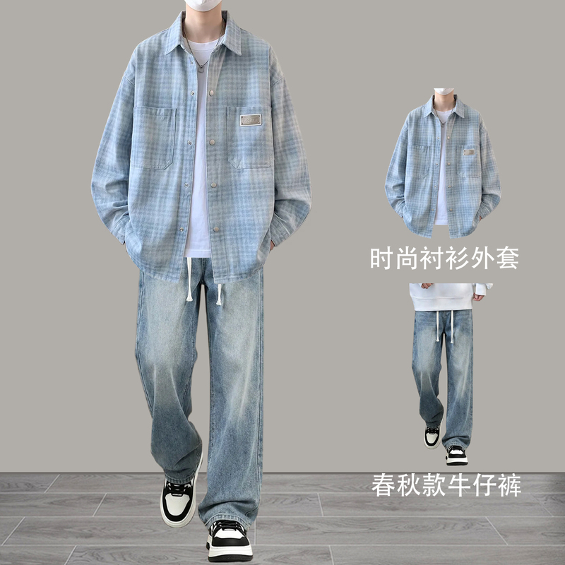 Plaid Shirt Jacket for Boys, Spring and Autumn Style, Loose Fit, Long-Sleeved, Thin, Turn-Down Collar, Casual Versatile Outfit