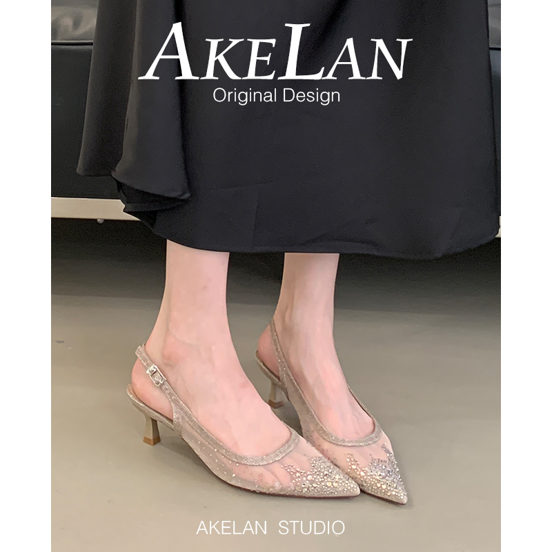 Sheepskin Version~Pointed Toe Mesh Rhinestone Stiletto Sandals for Women 2026 New Fairy Style Closed-Toe Stunning High Heels for Summer