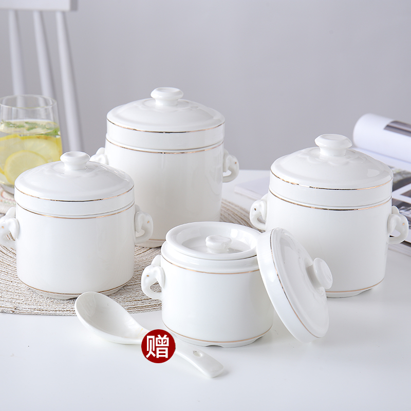 Waterproof ceramic stewing ipads porcelain cup double cover bird 's nest shark' s fin cup double cover white circular high - grade paint line stew pot pot