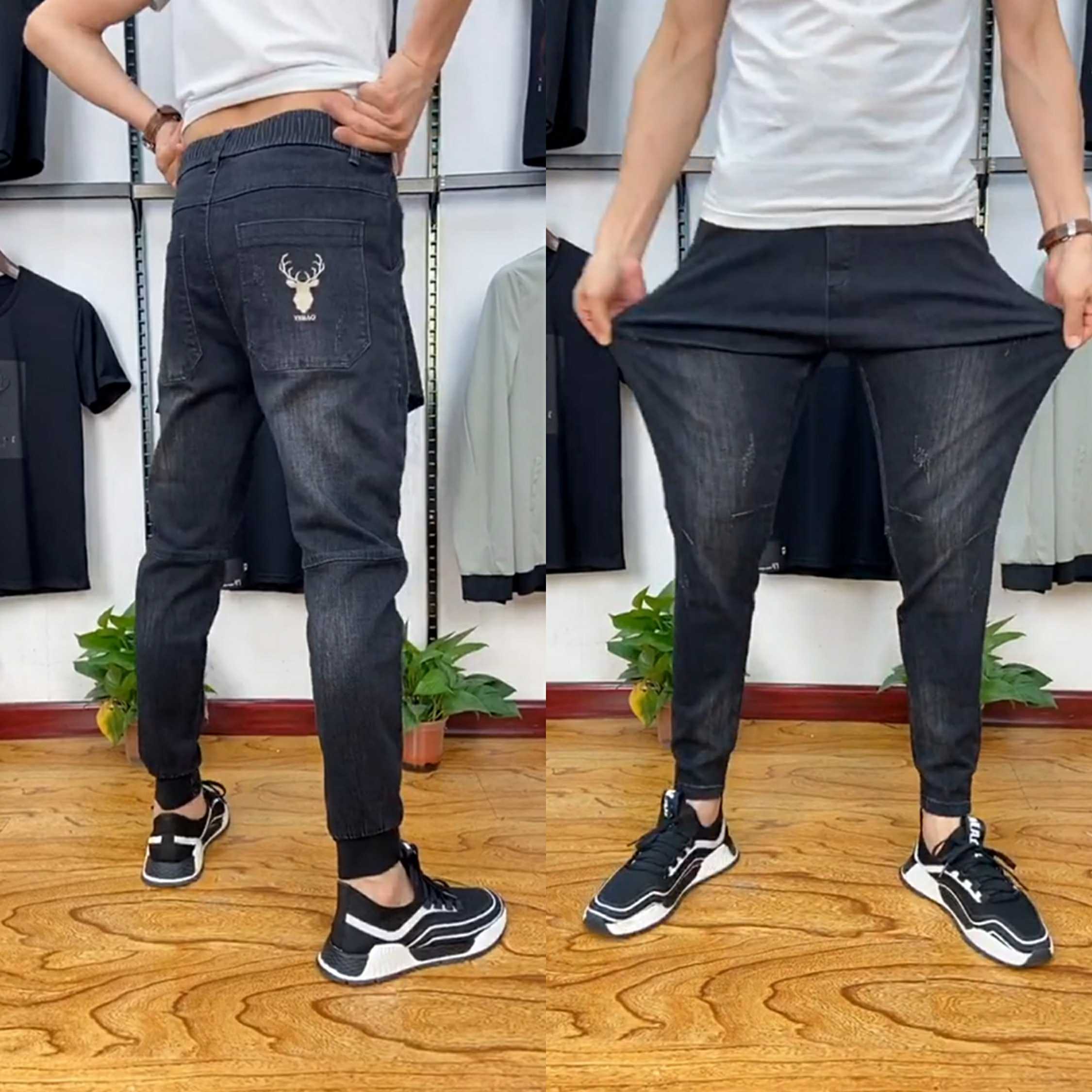 903 Deer Head Embroidery for men S-up jeans Jane about tight waist long pants Fashion Semi-tight mouth Smoke Pipe Pants Tide