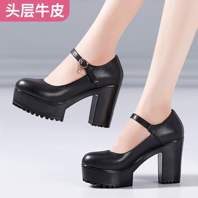 First-Layer Cowhide Shallow Mouth Runway Shoes, Round Toe, Waterproof Platform, Chunky Heel, Cheongsam Model Women's Shoes, Comfortable Genuine Leather Work Shoes