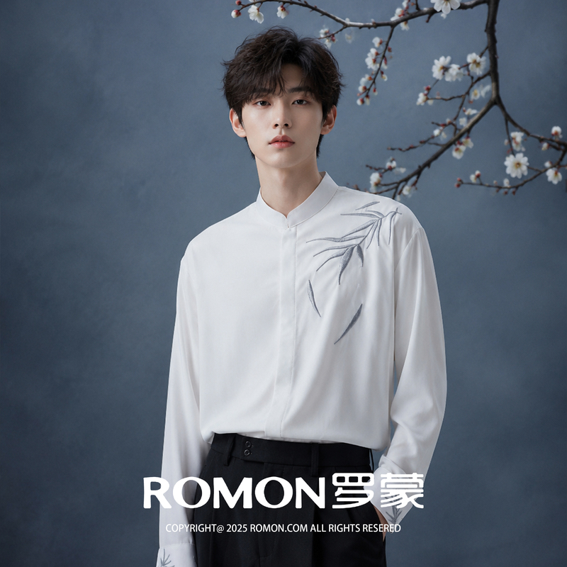 Romon New Chinese-Style Embroidered Stand-Up Collar Shirt for Men, National Style Bamboo Leaf Shirt, High-End Groom Engagement and Marriage Registration Top