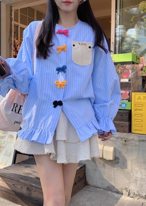 Blue Striped Bow Tie Shirt for Women, Plus Size, 150kg Design, French Style, High-End, Light Luxury, European Style Top