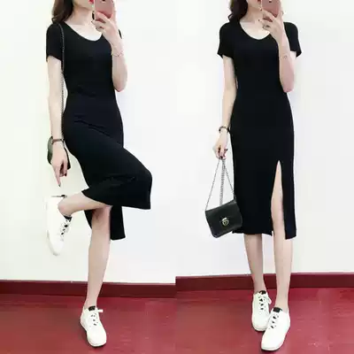 Korean version of V-neck short-sleeved dress women's summer new modal large size slim slim sexy high split long skirt