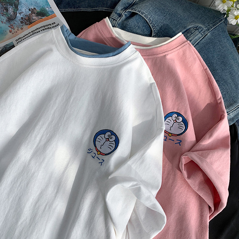 Large size pink t-shirt female sweet and cool short sleeves Chains design sense Little crowdsourced mm French style sweet and half sleeve blouses