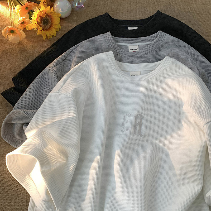 Large size waffle short-sleeved t-shirt women's summer design niche five-point sleeve Korean version loose fat mm half-sleeve top