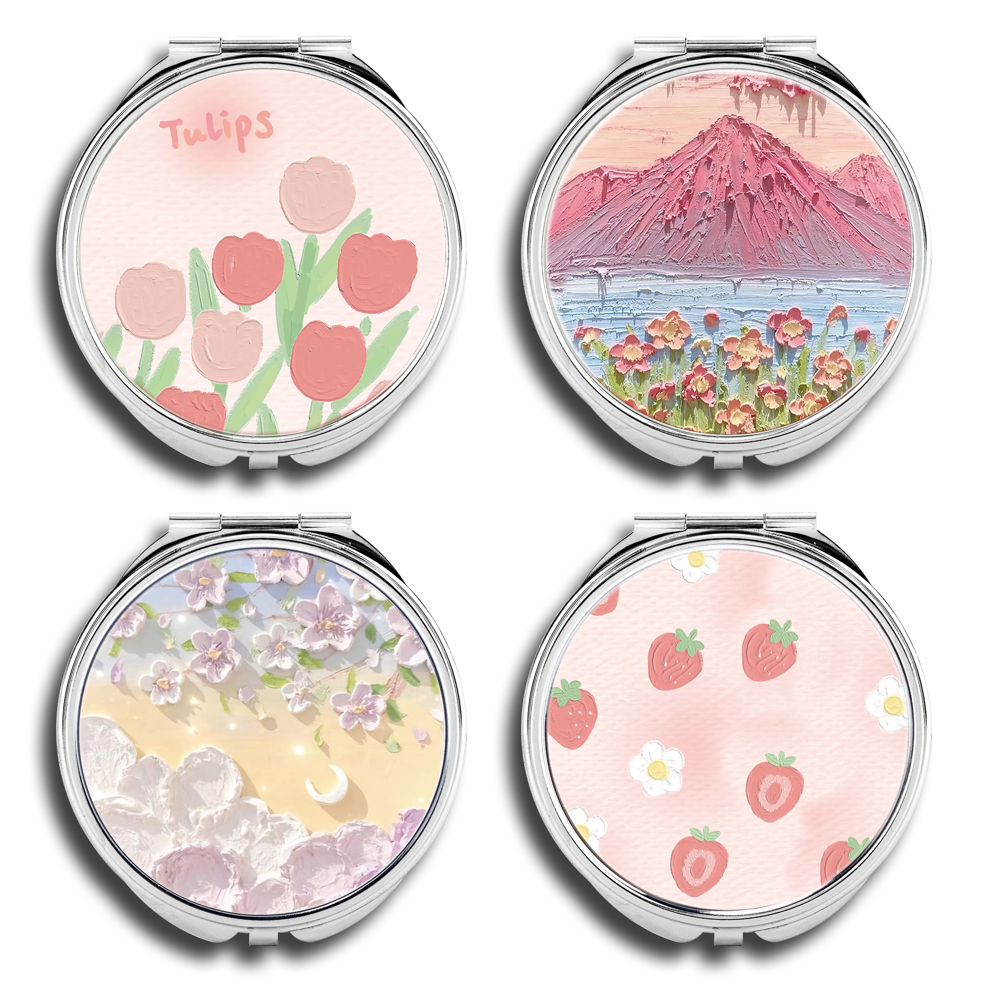 Watercolor flower students handheld with makeup mirror with portable folding round bifacial mini-makeup small mirror children-Taobao