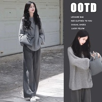 Pregnant womens autumn and winter fashion suits for going out retro style loose and casual belly-covering slimming sweaters wide-leg pants two-piece set