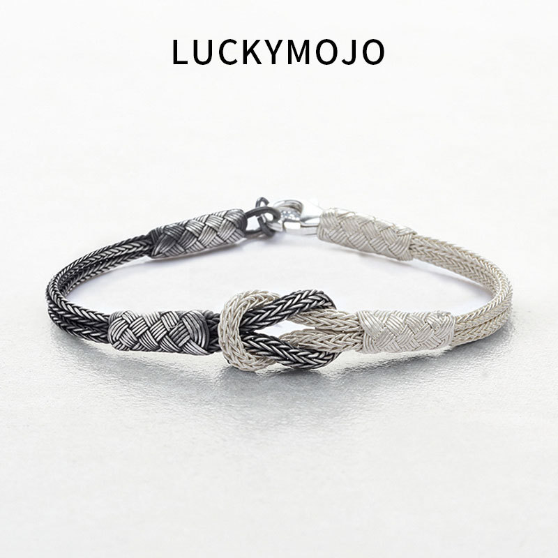 Luckymojo Hair from Black to White Turkish Braided Bracelet Sterling Silver Couple Bracelet Silver Jewelry Love Token Luckymojo Hair from Black to White Turkish Braided Bracelet Sterling Silver Couple Bracelet Silver Jewelry Love Token