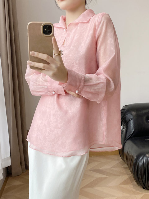 2026 New Spring and Summer New Chinese Style High-End Age-Reducing Silk Jacquard Pink Shirt for Women