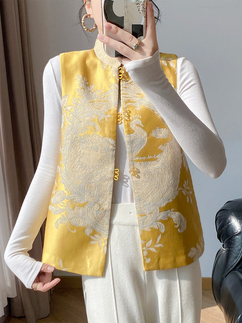 Lingze X's Spring and Autumn New Chinese-Style Phoenix Embroidery Acetate Button Yellow Vest for Women