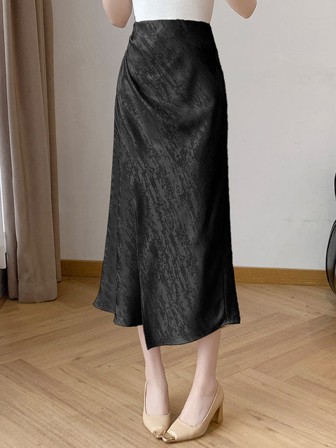 Lingze Xixi New Chinese Style High-Waisted Slimming Slit Pleated Satin Acetate Fishtail Skirt for Women, Summer Apricot-Colored Half Skirt