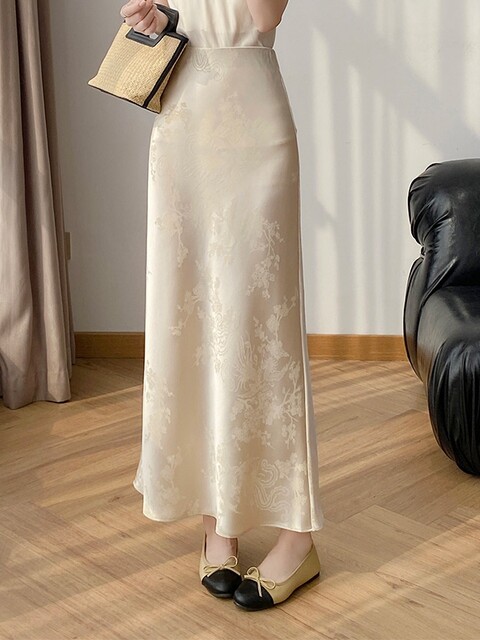 Lingze Xi A-Line Long Skirt to Ankle Length Jacquard Acetate Apricot Skirt