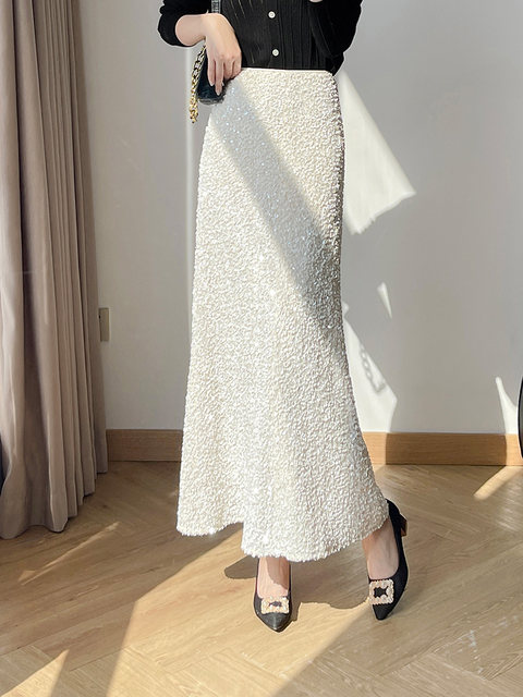 Lingze Xi White Skirt, Chanel-Style, Elegant, Spring, Elastic Waist, Extended A-Line Fishtail Sequin Skirt for Women
