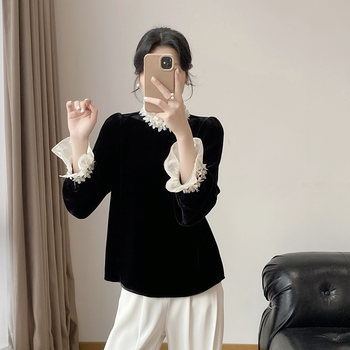 Lingze Xi 2026 Early Spring New High-End Elegant Petal-Sleeve Silk Velvet Top for Women