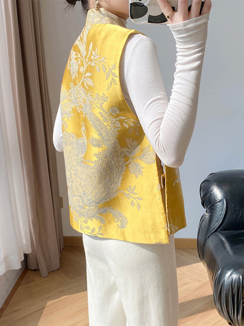 Lingze X's Spring and Autumn New Chinese-Style Phoenix Embroidery Acetate Button Yellow Vest for Women