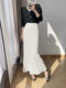 Lingze Xi White Skirt, Chanel-Style, Elegant, Spring, Elastic Waist, Extended A-Line Fishtail Sequin Skirt for Women