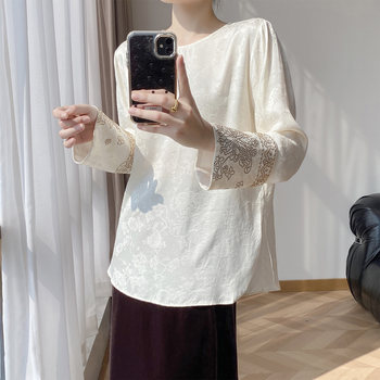 New Chinese Style Light Luxury Off-White Top for Women, Autumn and Winter, Copper Ammonia Silk, Loose Fit, Slimming, Rhinestone Pullover Shirt