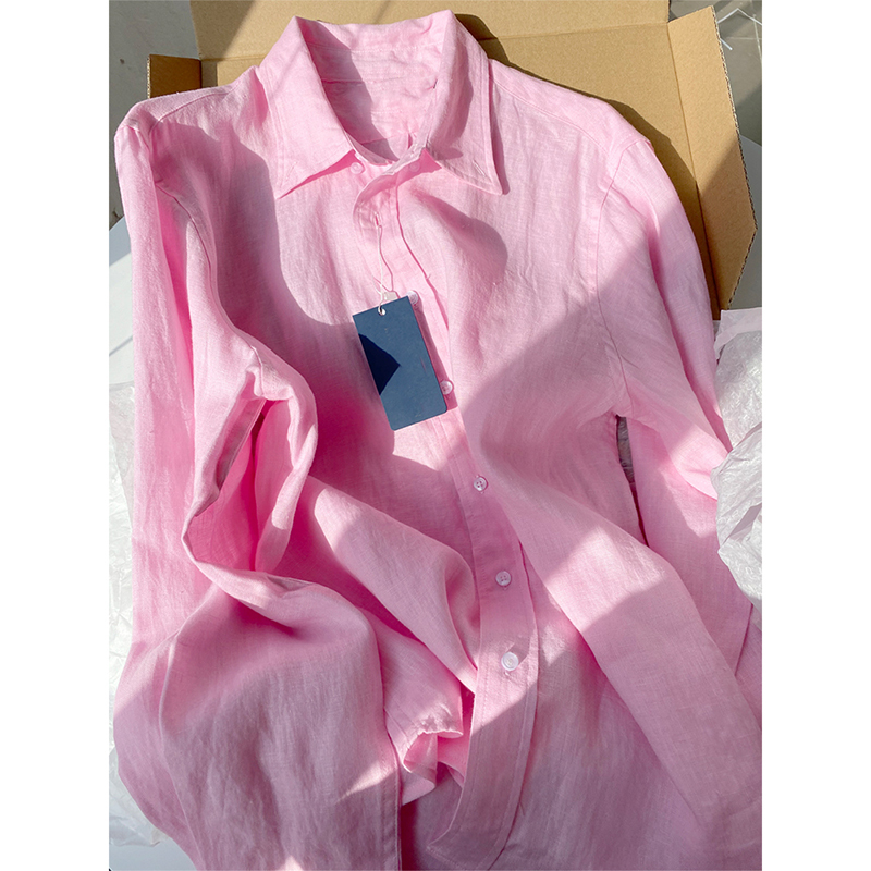 This Year's Trendy Pink Cotton and Linen High-End Shirts for Women, Spring, Summer, and Autumn 2026 New Sun-Protective Long-Sleeved Unique Tops