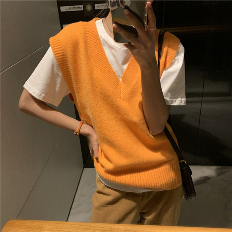 Korean Style Orange Knitted Vest for Women, New Autumn V-Neck Sleeveless Student Vest, Loose Sweater