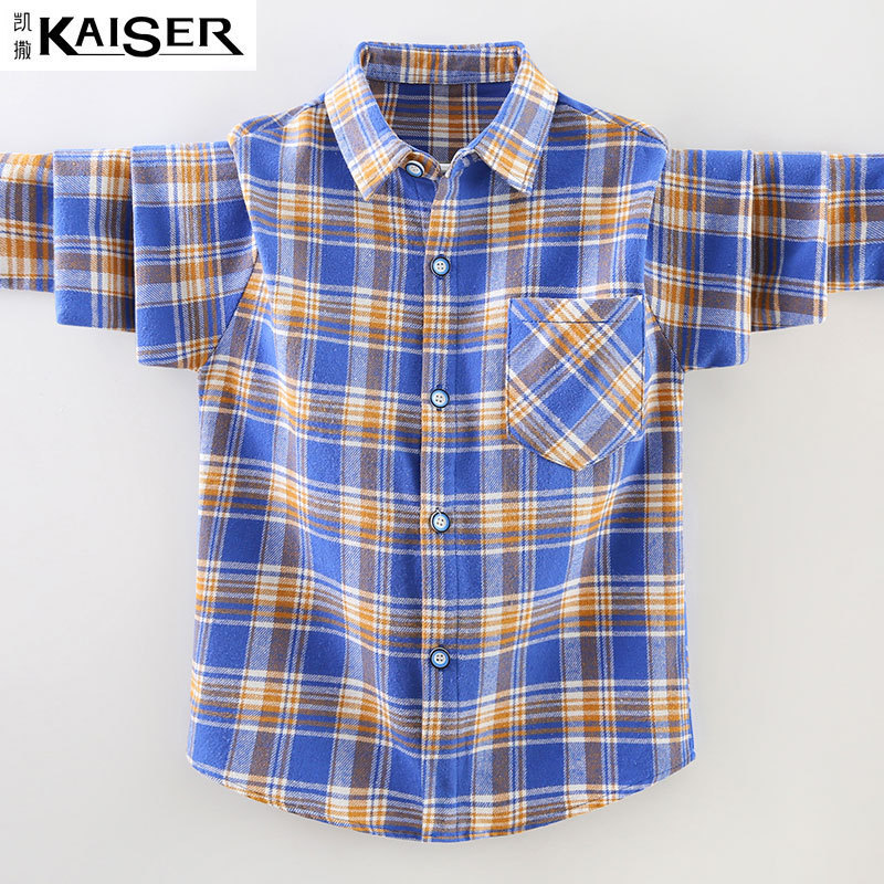 Caesar Children's Clothing Plaid Shirt for Boys, Spring and Autumn New Style, Pure Cotton Korean Version Casual Shirt for Kids, Baby Shirt