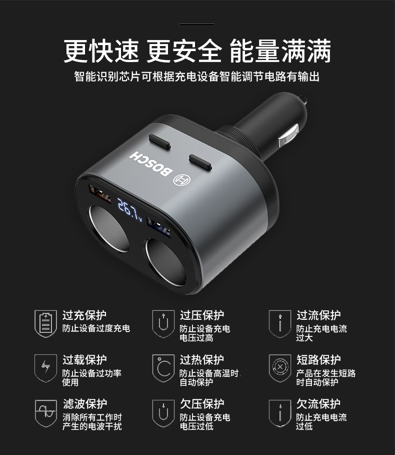 博世 1转4 车载充电器 点烟器转换插头 支持QC3.0快充 图6