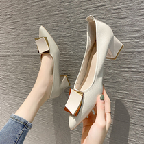 Coarse heel single shoes womens pointed 2021 spring versatile gentle shallow mouth soft leather soft bottom square buckle fashion temperament Korean version