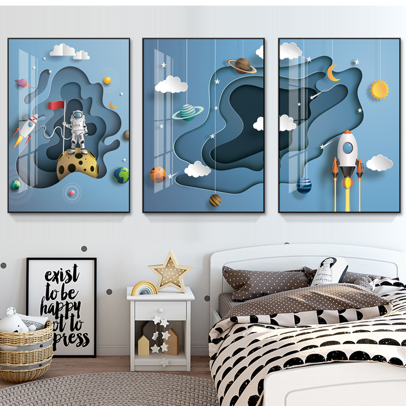 Children's room decoration painted blue astronauts Excursion Space Kid Rooms Bedside Hanging Paintings Creative Living Room Triptych