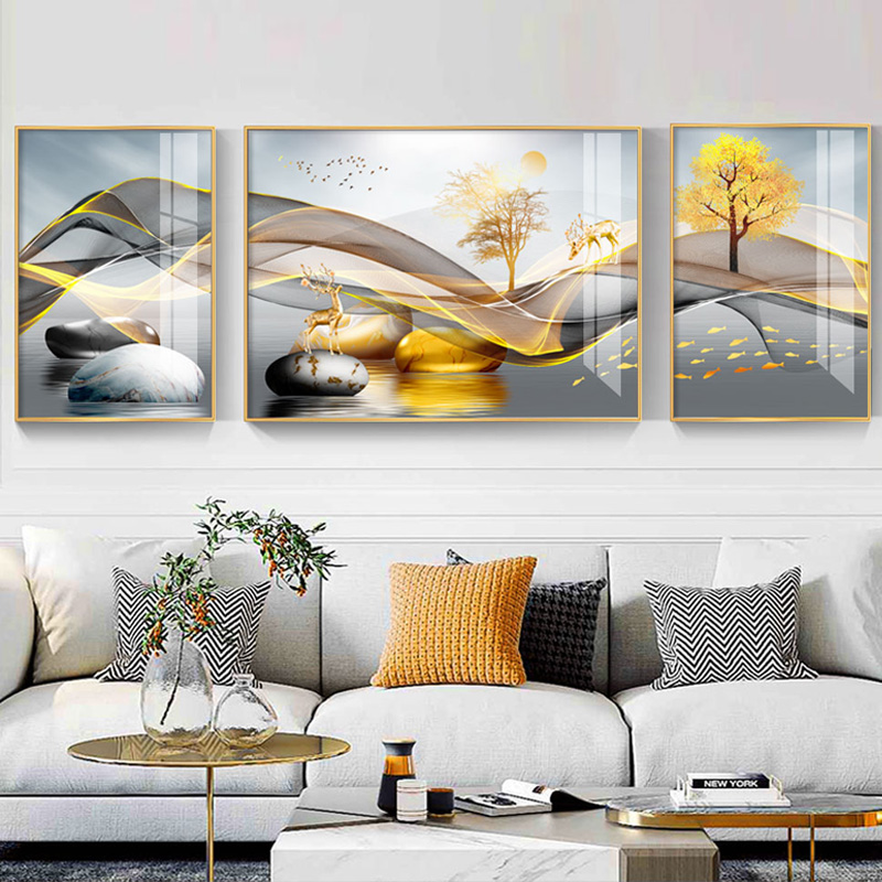 Modern minimalist light and luxurious living room sofa Background wall Decorative Painting Stones to run hanging paintings Atmospheric deer Nordic triptych