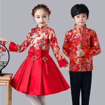 New Years Day childrens festive costume Chinese style Tang suit host dress guzheng performance costume primary school chorus uniform