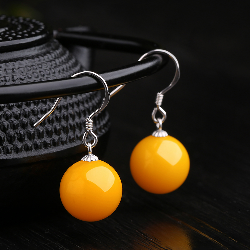 Natural Honey Wax Earrings s925 Silver Anti-Allergy Earrings Chicken Oil Yellow Round Pearl National Wind Ear Pendant Blood Peramber Ear Hook-Taobao
