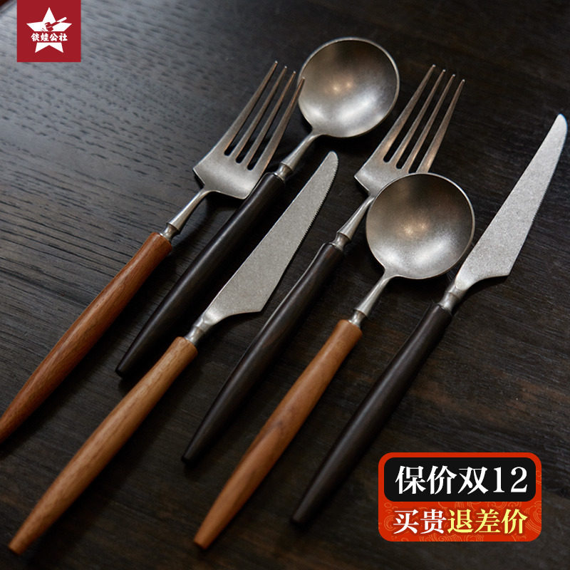 Iron Va Commune Pure Artisanal Spoon Fork Knife no lacquer No wax and mildew teak Spoon Suit West Cutlery Steak Knife-Taobao