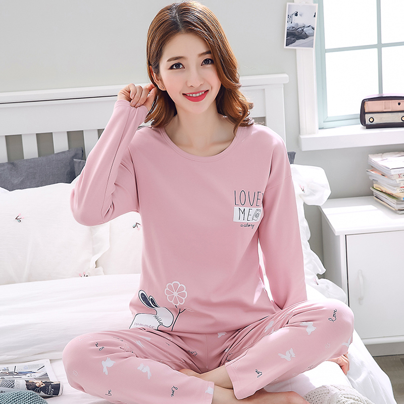  Casual cotton long-sleeved pajama suit Spring and autumn women's Korean cartoon large size home clothes can be worn outside two pieces