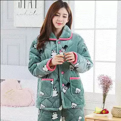 Winter pajamas women's three-layer cotton thickened cotton cotton for middle-aged and elderly plus-size home clothing set