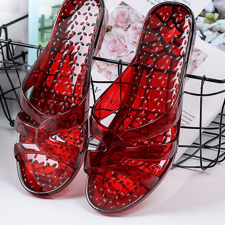 Slippery sandals and slippers in the bathroom one word drag female plastic transparent wedge bath anti-new mid-heel jelly crystal slippers