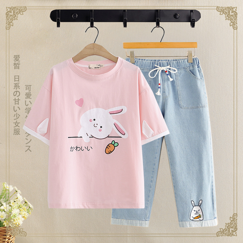 Student summer Japanese cute suit female 2021 new Korean version loose junior high school students leisure sports two-piece suit - Taobao