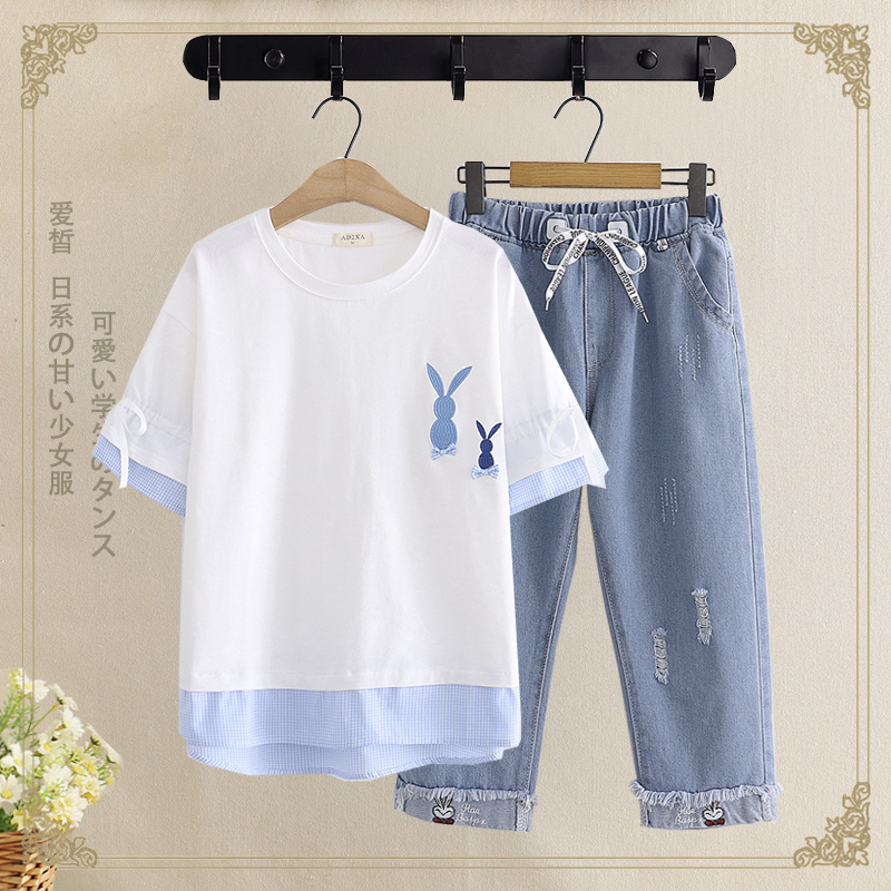 Summer middle school students pure cotton short-sleeved T two-piece middle school students loose casual suit Japanese Korean version 7 points jeans - Taobao