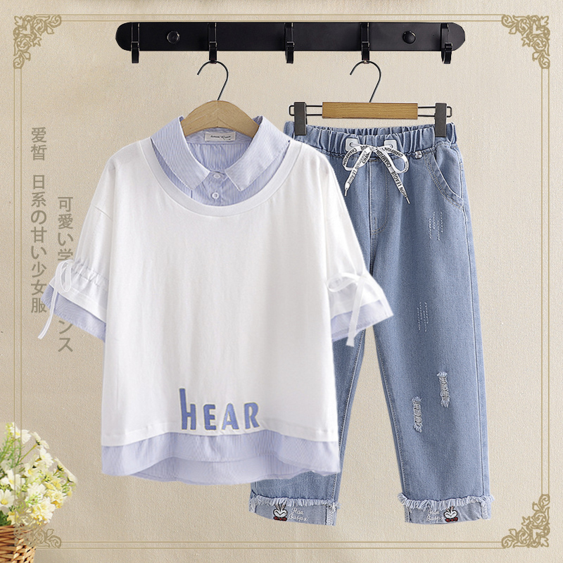Summer new girl casual two-piece 7 middle school students Japanese Korean version cotton T-shirt loose college wind girl clothes