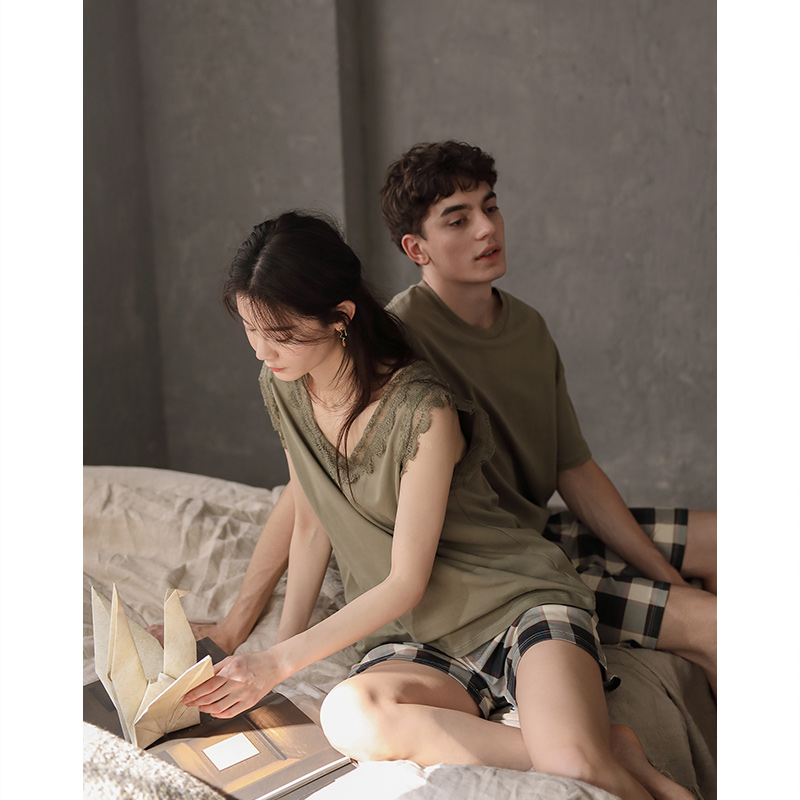 Couple pajamas Women's summer thin cotton fashion vest Men's summer casual short-sleeved cotton home wear suit