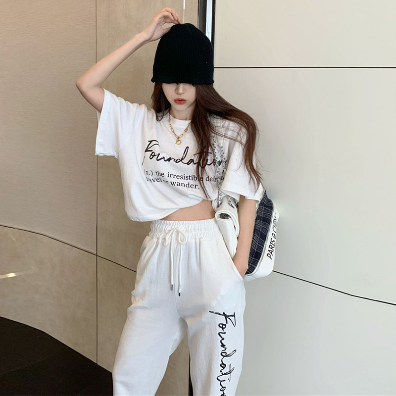 Casual Sports Suit Women Summer Tide Cards Hot girls Short sleeves High waist bunches Pants Fashion Nets Red Fried Street Two Pieces