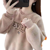 Large size womens letter embroidered round neck grain velvet sweatshirt autumn and winter plus velvet thickened imitation lamb wool top jacket trendy