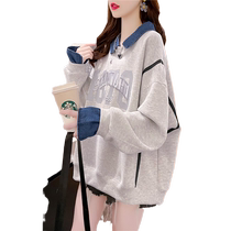 Clearance leaked plus size womens spring and autumn Korean version fat mm thin embroidered sweatshirt fake two-piece long-sleeved tops and jackets trendy