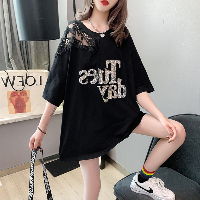 2026 Summer New Korean Style Off-Shoulder Lace Sexy Short-Sleeved T-Shirt for Women Plus Size Women's Clothing Loose Top 2026 Summer New Korean Style Off-Shoulder Lace Sexy Short-Sleeved T-Shirt for Women Plus Size Women's Clothing Loose Top