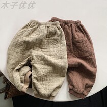 CHILDREN PANTS DOUBLE LAYER COTTON SPRING NEW MALE AND FEMALE CHILD PURE COTTON KOREAN VERSION FOREIGN AIR LONG PANTS KIDDIE BABY SOFT COTTON PANTS SUB