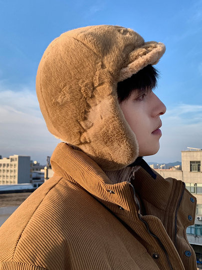 毛绒雷锋帽子男冬季骑车显脸小加绒加厚护耳帽女防寒保暖滑雪帽子